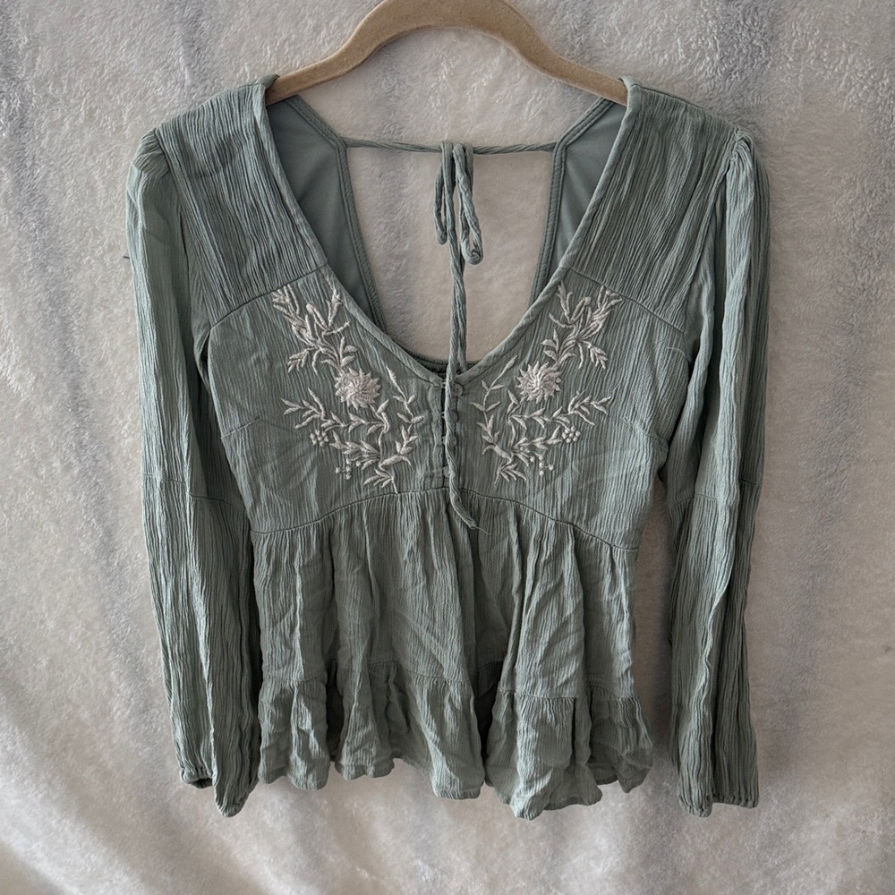 Zara Sage Green Embroidered Blouse